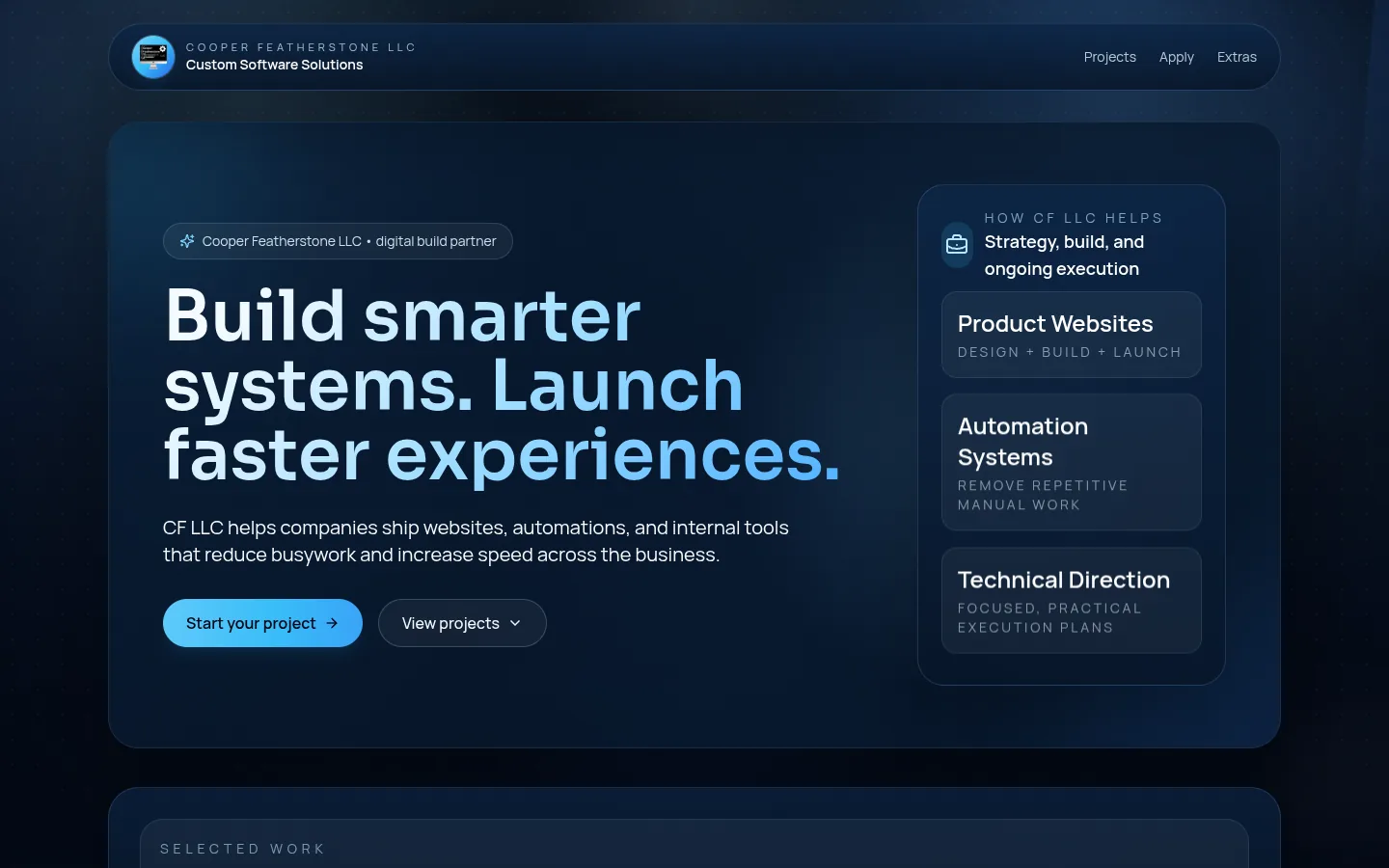 CF LLC homepage in April 2026: a generic agency hero reading "Build smarter systems. Launch faster experiences."