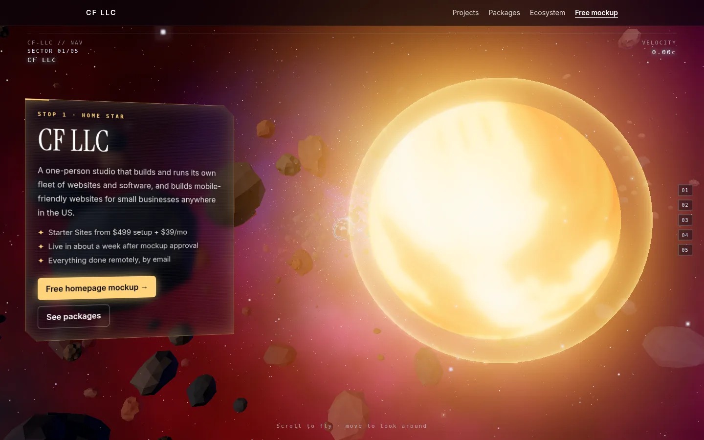 CF LLC homepage in October 2026: a first-person 3D flight past a glowing star with an information panel.